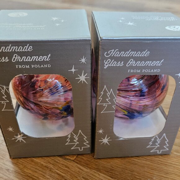 Hand Blown Poland Glass Hanging Ornaments Gazing Ball Purple Blue Pair Set 2 - Picture 1 of 5